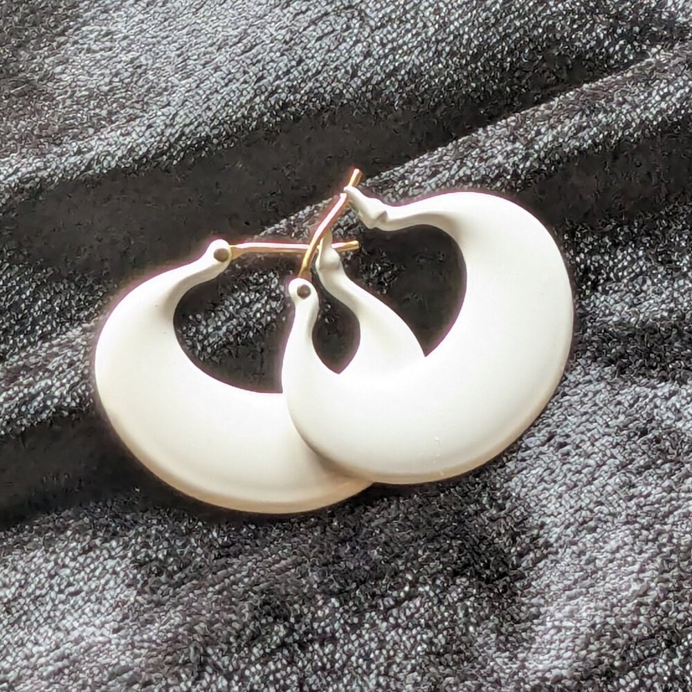 Handmade Artisan White Crescent Hoop Earrings Retro Craft Show Find Hand Made